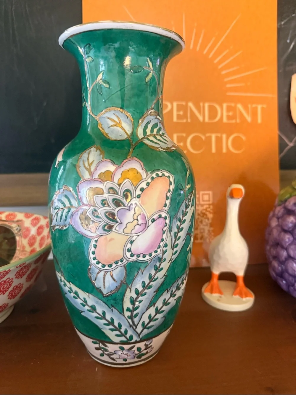 Vintage Green Floral Ceramic Vase - Home Accents